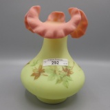 Fenton hand painted burmese vase w/maple leaves