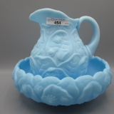 Fenton blue satin Waterlily pitcher and bowl.