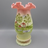 Fenton burmese HP Hurricane lamp w/ farm house and silo