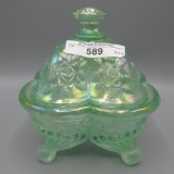 Fenton pastel green iridized footed powder jar