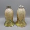 Pair of Art Glass threaded shades w/ pulled feather design. Metal base whic