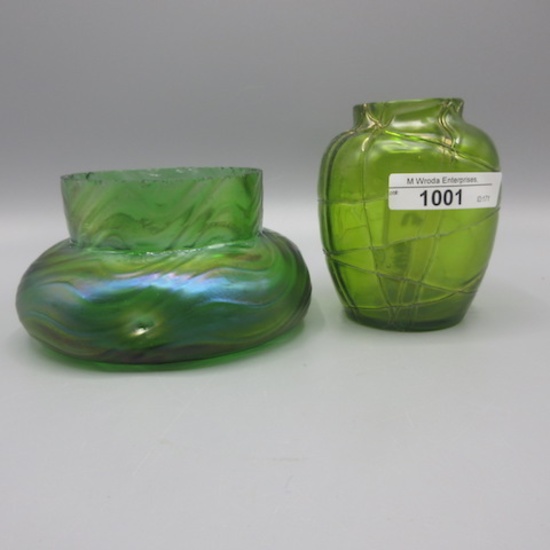 2 Loetz/ Kralik style Art Glass Vases, both with cut tops as expected on th