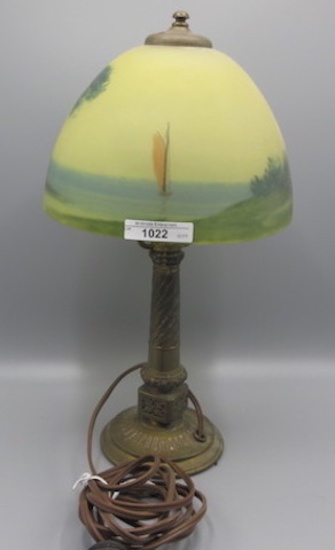 Jefferson? reverse painted  scenic dresser lamp Attrib Jefferson or Pittsbu