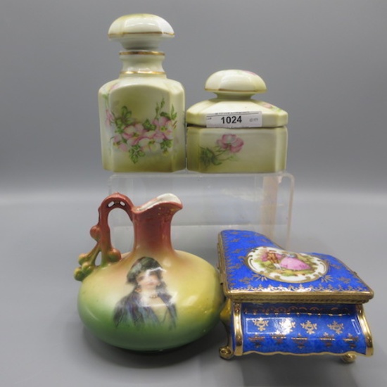 4pc lot of porcelain including perfume- pianio box -portrait ewer- dresser