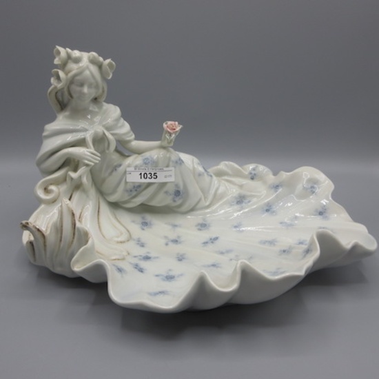 KPM Porcelain figural bowl w/ Lady and sprawling dress holding a rose. Supe
