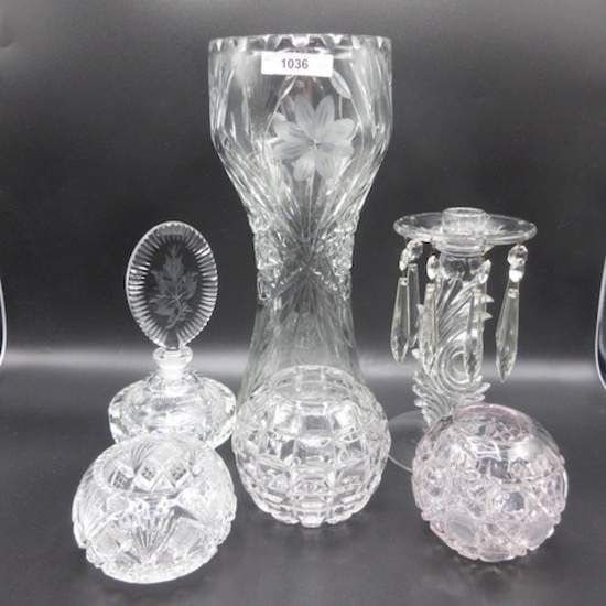 3 crystal rosebowls; perfume- 12" CG vase- Candlestick w/ prisms
