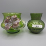 2 Loetz/ Kralik art glass vases. both with cut tops as expected. approx 4