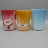 3 MOP satin glass tumblers as shown. All of the tumblers are excellent!