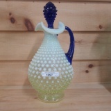 Fenton vaseline opal hobnail decanter w/ cobalt stopper and handle