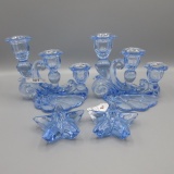 Cambridge blue caprice candleholders and 2 stars