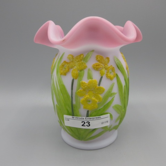 Fenton blue burmese Daffodil vase-Marilyn Wagner