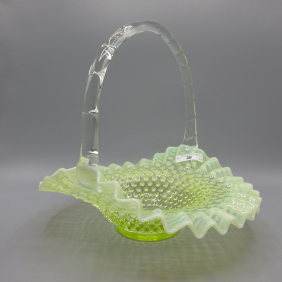 Fenton vaseline opalescent Hobnail 10" basket