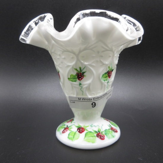 Fenton Strawberries 4" vase-HP Kathleen Sponsler