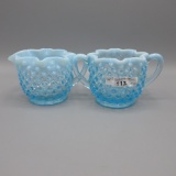 Fenton blue opalescent star crimped cream & sugar