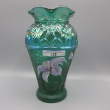 Fenton green Carnival handpainted vase-8.5