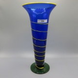 Art Glass blue w/yellow swirls vase=12.5