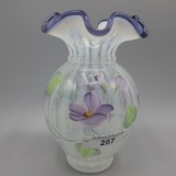 Fenton French opal. Rib Optic HP vase w/lav. crest -6