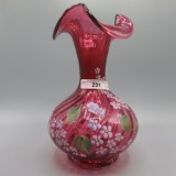 Fenton cranberry handpainted vase-9.5