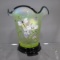 Fenton vaseline opal HP flip vase w/ dragonfly