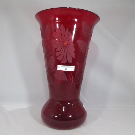 Fenton 1930's ruby red 12" floral etched vase