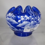 Fenton cobalt rosebowl w/ cottage decoration wintr