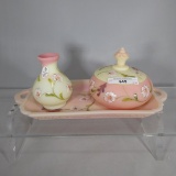 Fenton HP burmese dresser tray w/ powder jar and vase ( this may have been