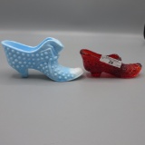 2 Fenton shoes-Red Daisy & Button & blue milk glass Hobnail
