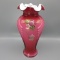 Fenton featehr rosecased HP vase w/ berries