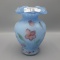 Fenton satin cased HP blue  vase