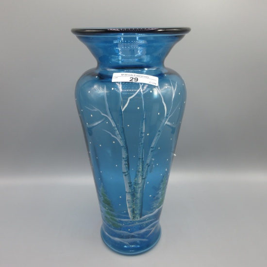 Fenton 12" blue scenic vase w/ birch trees