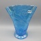 Fenton iridized blue Peacock fan vase-7.5
