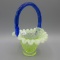 Fenton Vas. Hobnail mini basket w/cobalt handle 6.5