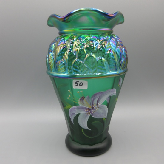 Fenton green Carnival HP vase-8"-Family signatures-HP Carol Griffiths