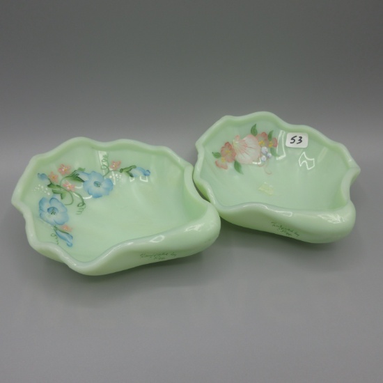 Fenton green HP pair of candy dishes