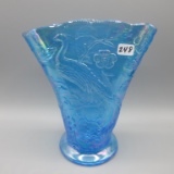 Fenton iridized blue Peacock fan vase-7.5