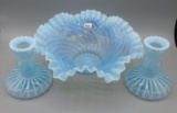 Fenton blue opal. Rib Optic console set-bowl & 2 candlesticks