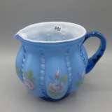 Fenton blue cased Beaded Melon HP pitcher-5.5