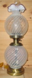 Fenton French Opal. Spiral Optic purple crest GWTW lamp