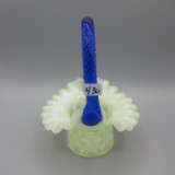 Fenton vaseline w/cobalt handle Coin Dot basket 7