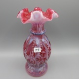 Fenton cranberry opal. Beaded Melon Daisy & Fern vase-8.5