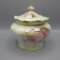 RS Poland cracker jar w/roses decor. Chip around base