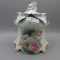 RS Prussia point clover mold biscuit jar w/ glass bowl flowers decor