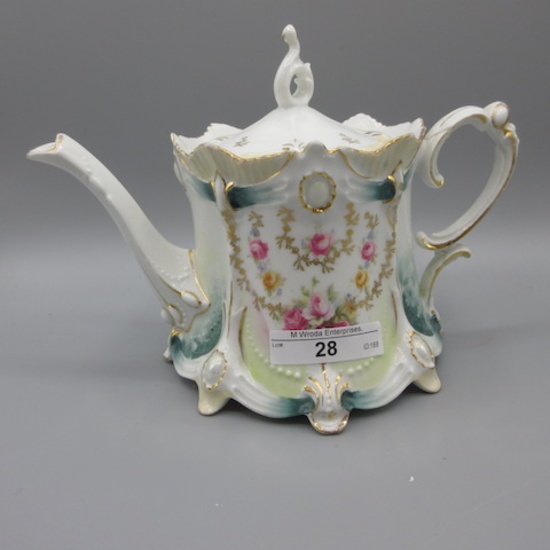 RS Prussia ribbon & jewel floral teapot w/ floral swags, opals