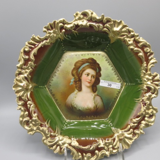 UM RS Prussia 10.5" bowl w/ green domes and Potocka portrait.