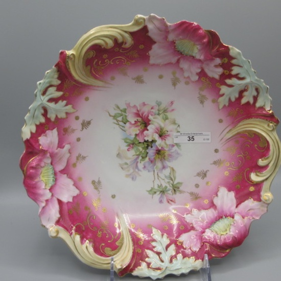 UM RS Prussia 11" flded poppy mold floral bowl w/ wild flower decor. Mauve