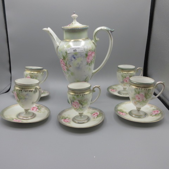 RS Prussia satin 12pc floral chocolate set w/ rose decor. Very hard to find