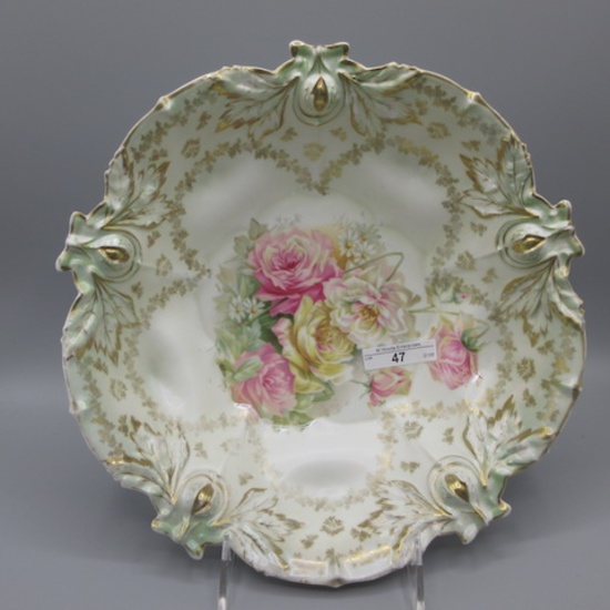 RS Prussia 11" Acorn mold floral satin bowl w/ roses decor