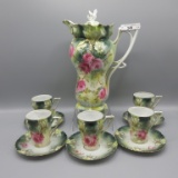 RS Prussia Iris mold chocolate set w/4 cups/ saucers. Roses decor