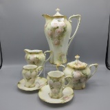 RS Prussia chocolate pot, creamer/sugar, 2-cup/ saucers w/white roses decor