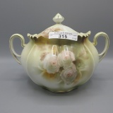 RS Prussia 2 handled cracker jar w/white roses decor